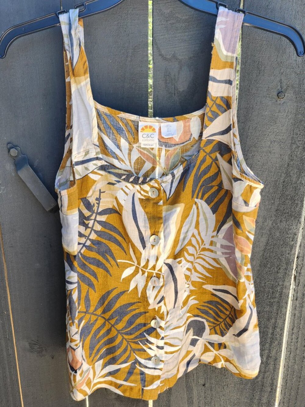 C&C California Womens 100% Linen Tropical‎ Palm Leaf Button Front Tank Top Large